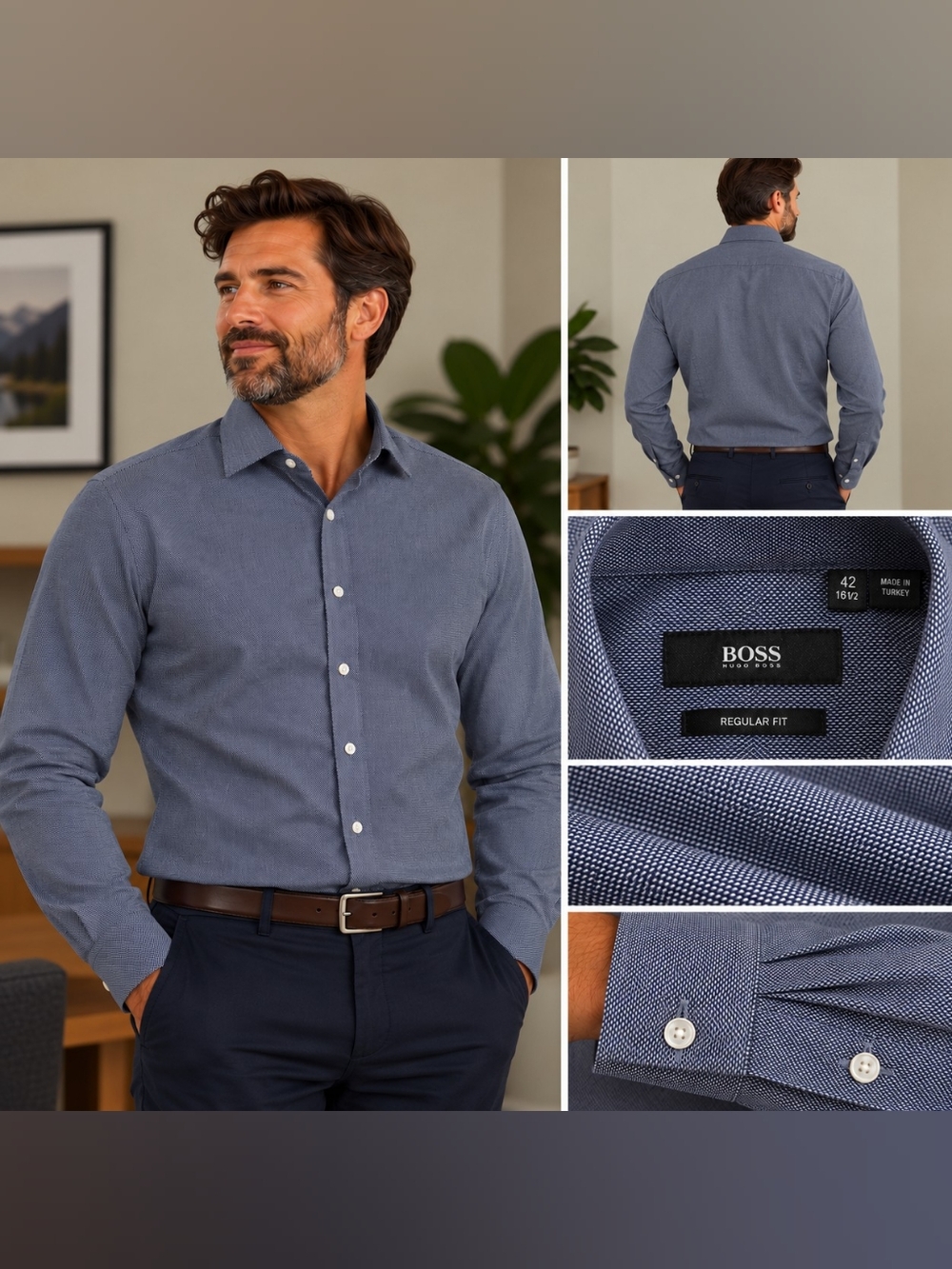 BOSS Hugo Boss Men's Regular Fit Blue Micro Pattern Dress Shirt 16.5 / 42